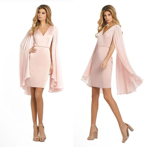 Mac Duggal Ieena Pink Cape Chiffon Short Knee Length Dress Sz 6 $358 NWT - Picture 1 of 12